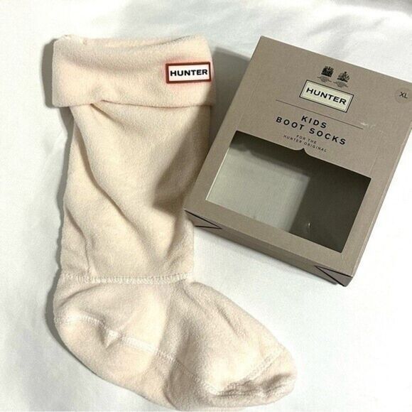 HUNTER Boots Kids Boot Socks size XL Cream with red and black logo fleece - Picture 1 of 8